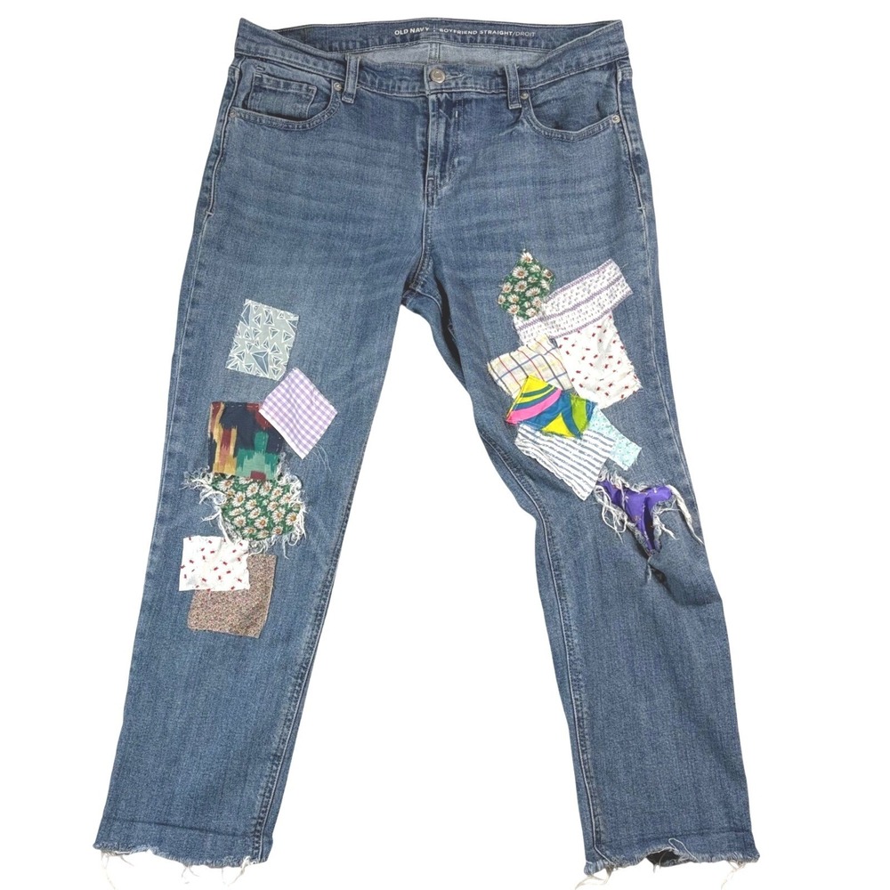 Old‎ Navy Boyfriend Straight Jeans Patchwork Denim Pants Reworked Cottagecore